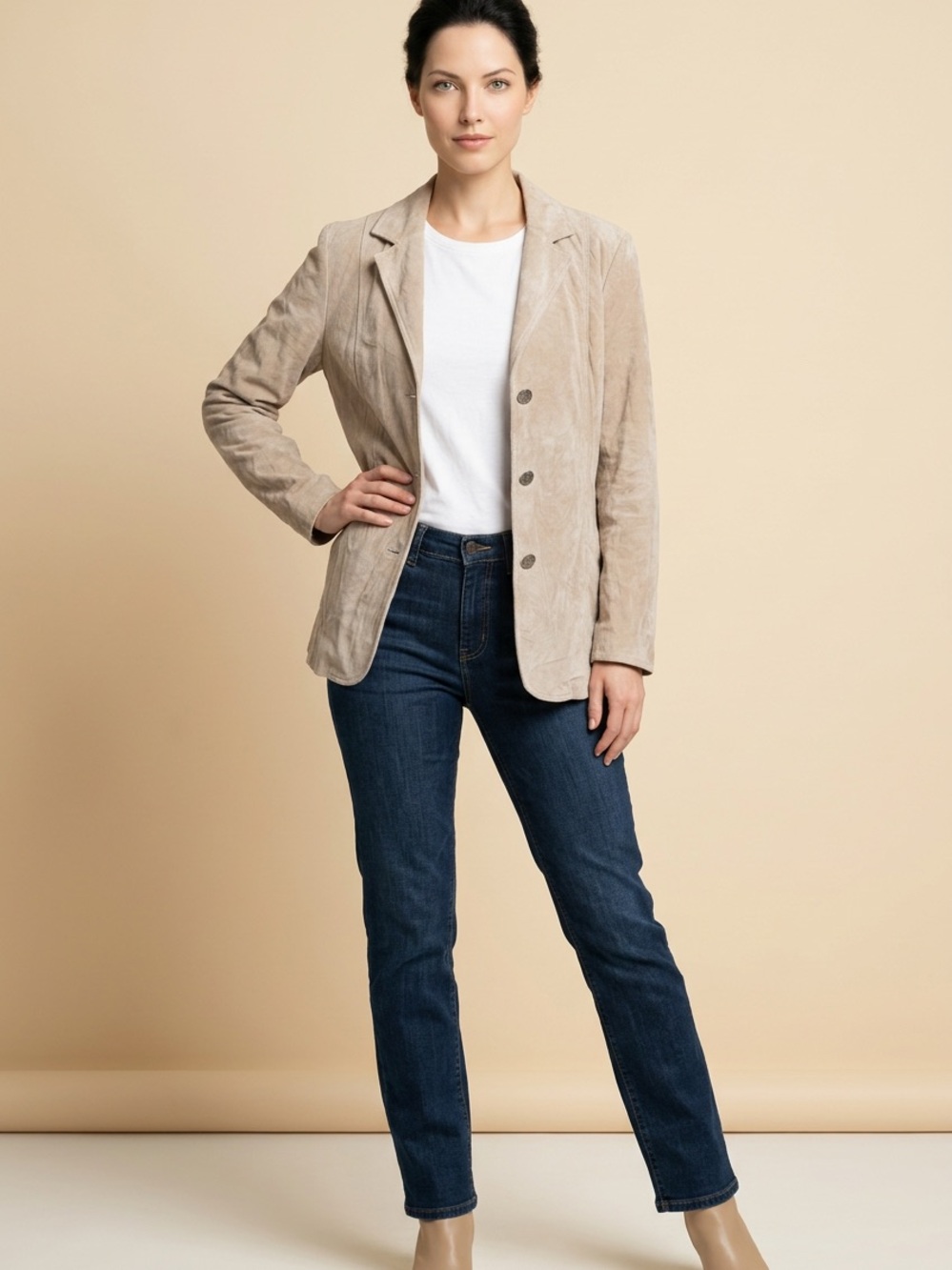 Chico's Beige 100% Leather Blazer Jacket Size 1